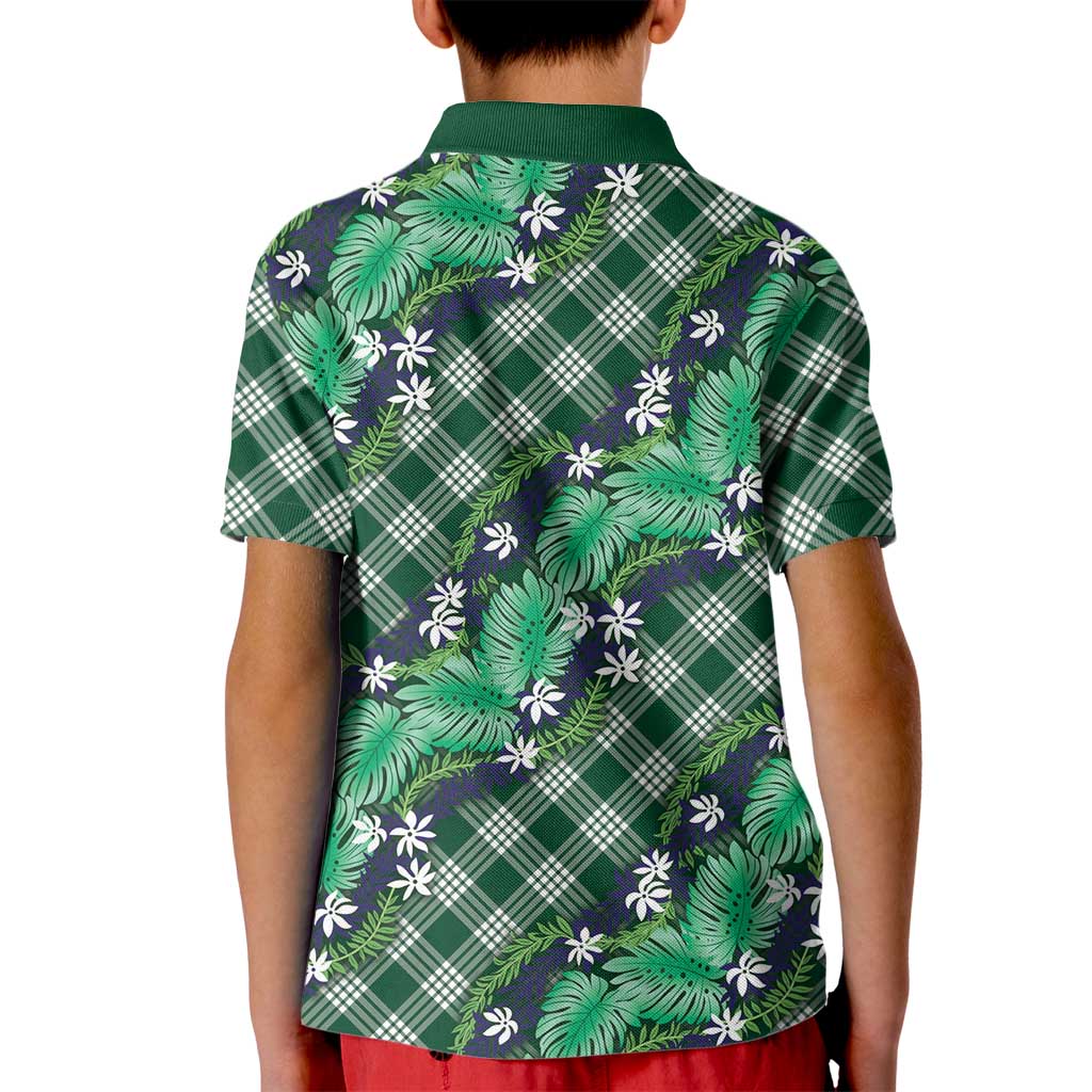 Polynesian Monstera Tiare Floral Kid Polo Shirt Forest Green Tropical Plaid LT01 - Polynesian Pride
