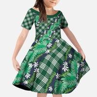 Polynesian Monstera Tiare Floral Kid Short Sleeve Dress Forest Green Tropical Plaid LT01 KID Green - Polynesian Pride