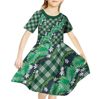 Polynesian Monstera Tiare Floral Kid Short Sleeve Dress Forest Green Tropical Plaid LT01 - Polynesian Pride