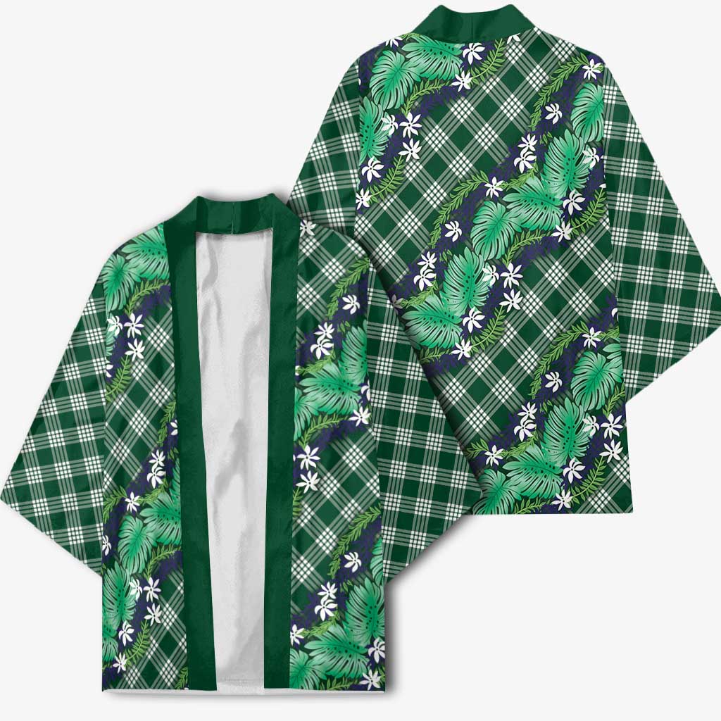 Polynesian Monstera Tiare Floral Kimono Forest Green Tropical Plaid LT01 - Polynesian Pride