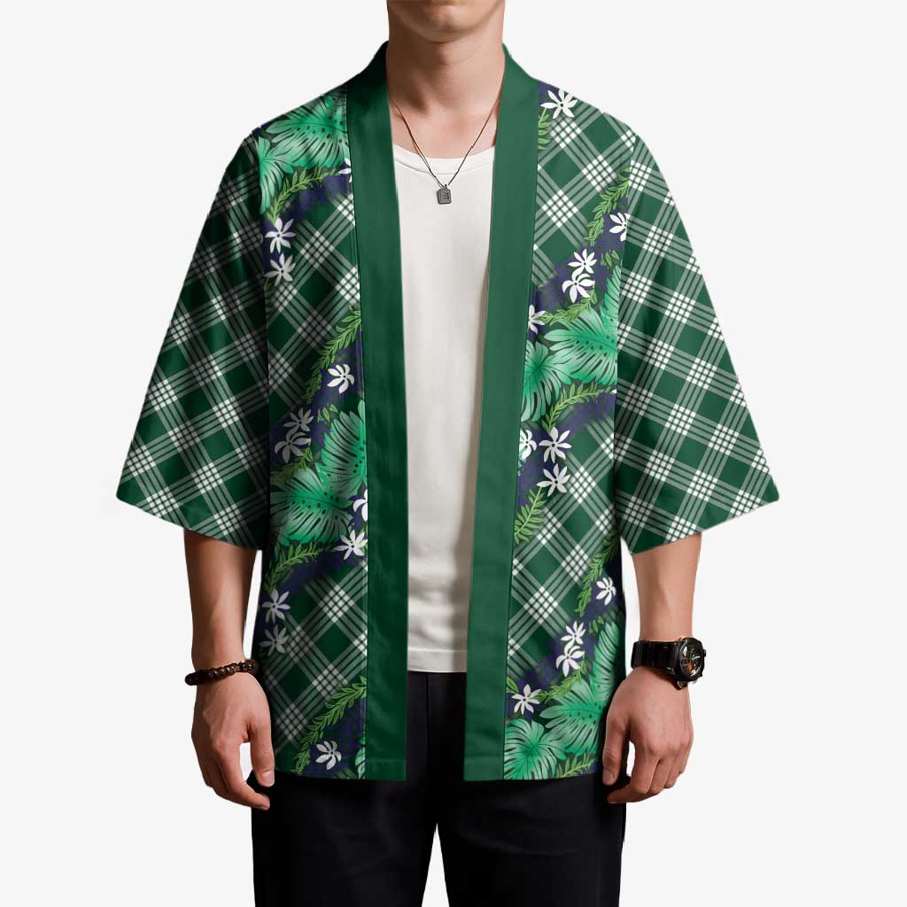 Polynesian Monstera Tiare Floral Kimono Forest Green Tropical Plaid LT01 - Polynesian Pride