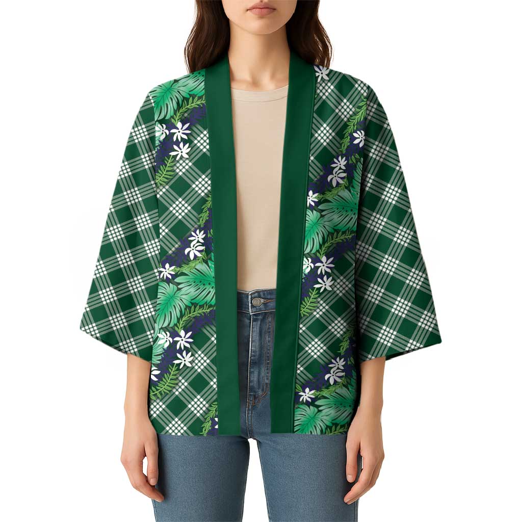 Polynesian Monstera Tiare Floral Kimono Forest Green Tropical Plaid LT01 - Polynesian Pride