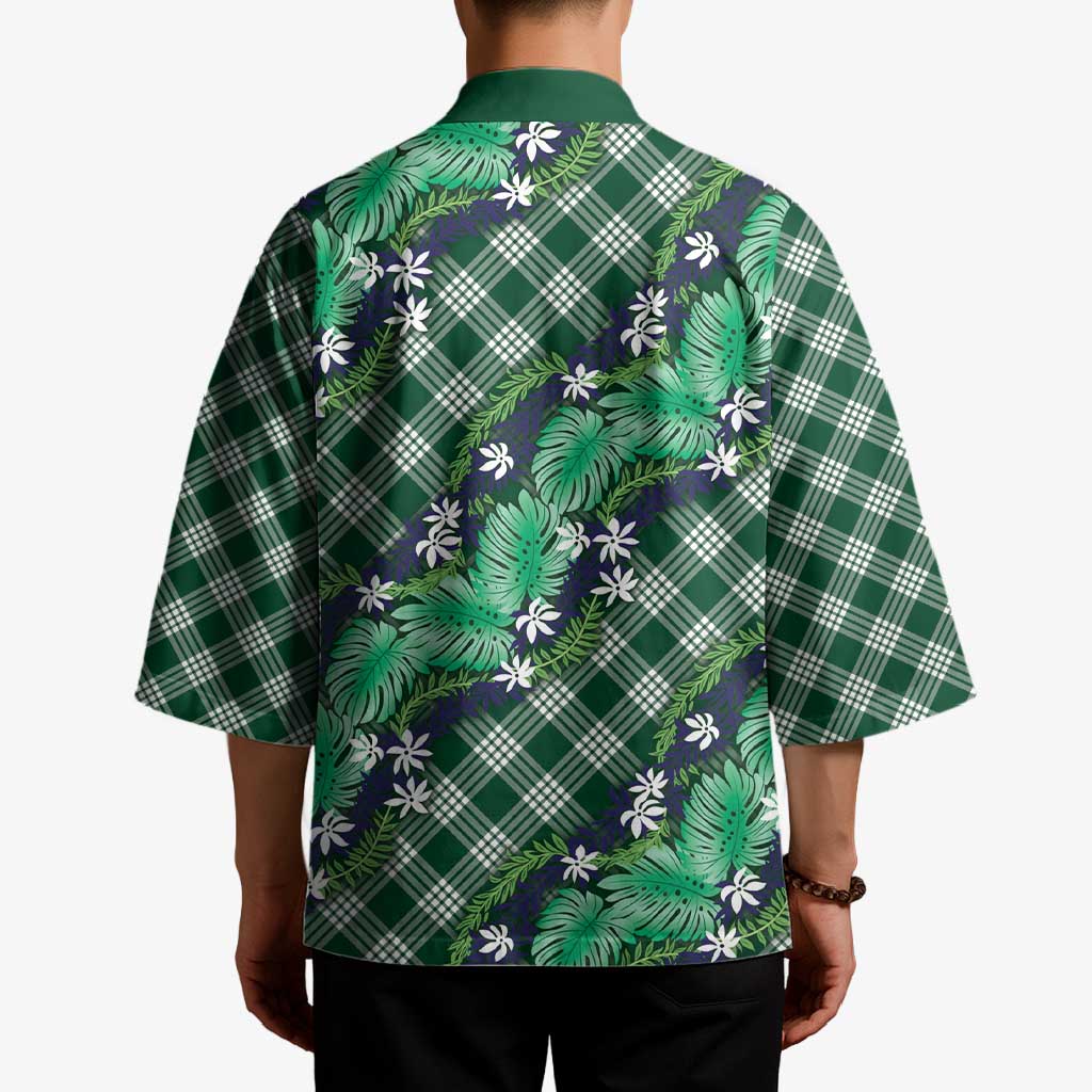 Polynesian Monstera Tiare Floral Kimono Forest Green Tropical Plaid LT01 - Polynesian Pride