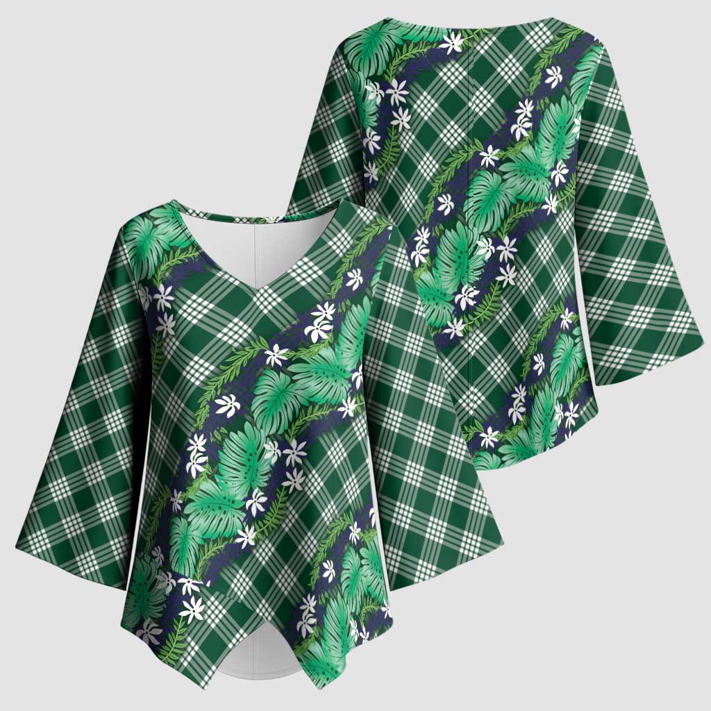 Polynesian Monstera Tiare Floral Kimono Sleeve Blouse Forest Green Tropical Plaid LT01 - Polynesian Pride