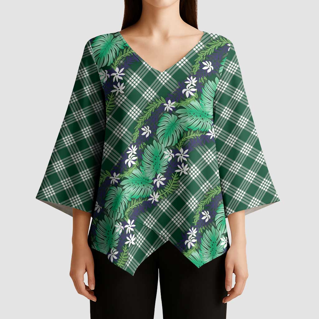 Polynesian Monstera Tiare Floral Kimono Sleeve Blouse Forest Green Tropical Plaid LT01 - Polynesian Pride
