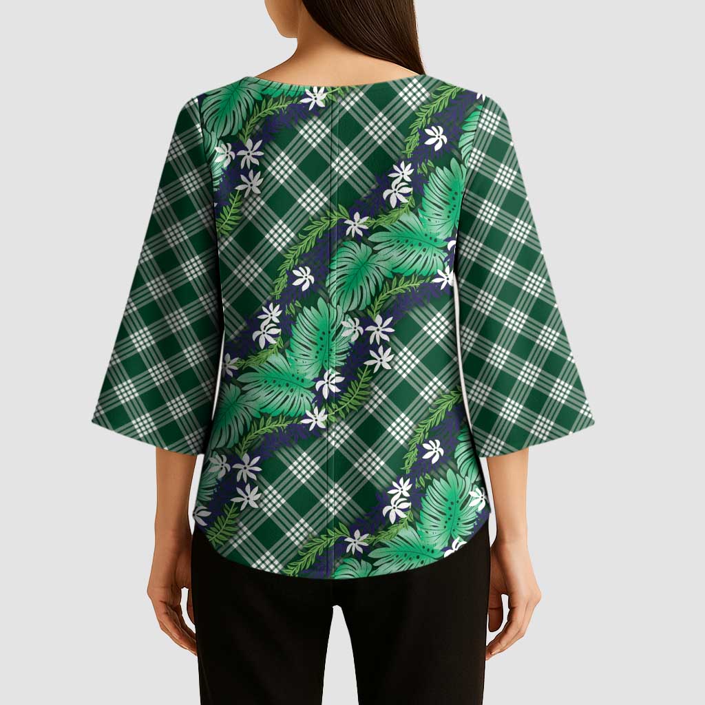 Polynesian Monstera Tiare Floral Kimono Sleeve Blouse Forest Green Tropical Plaid LT01 - Polynesian Pride