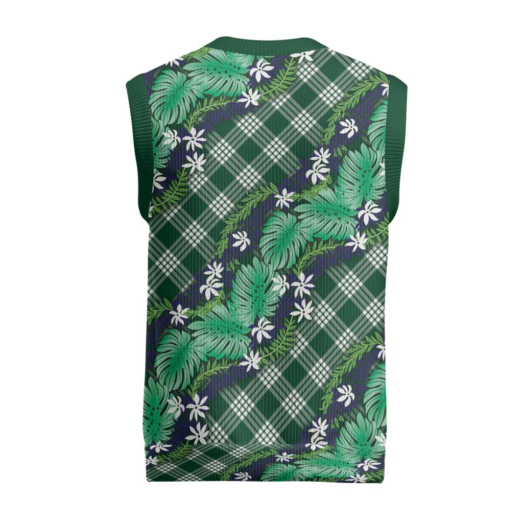 Polynesian Monstera Tiare Floral Christmas Knitted V-Neck Vest Forest Green Tropical Plaid LT01 - Polynesian Pride