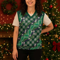 Polynesian Monstera Tiare Floral Christmas Knitted V-Neck Vest Forest Green Tropical Plaid LT01 - Polynesian Pride