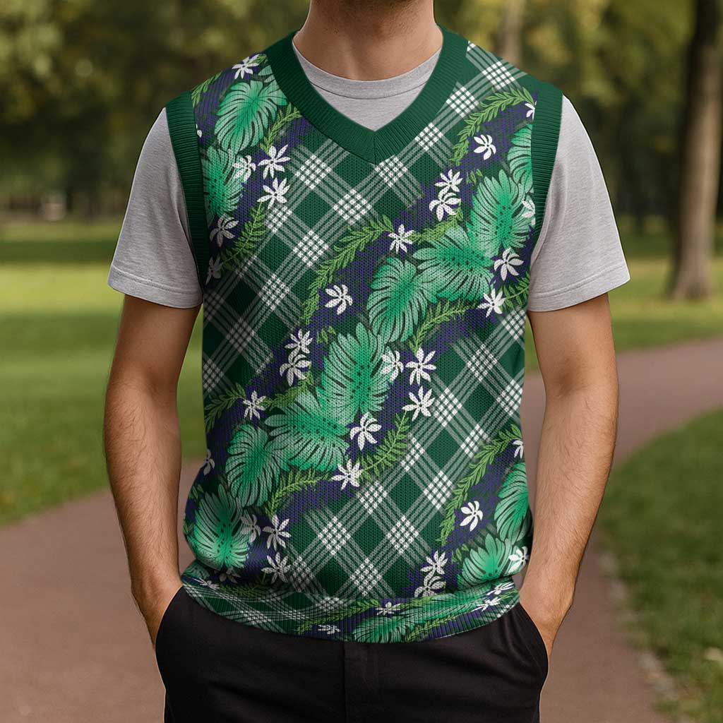 Polynesian Monstera Tiare Floral Christmas Knitted V-Neck Vest Forest Green Tropical Plaid LT01 - Polynesian Pride