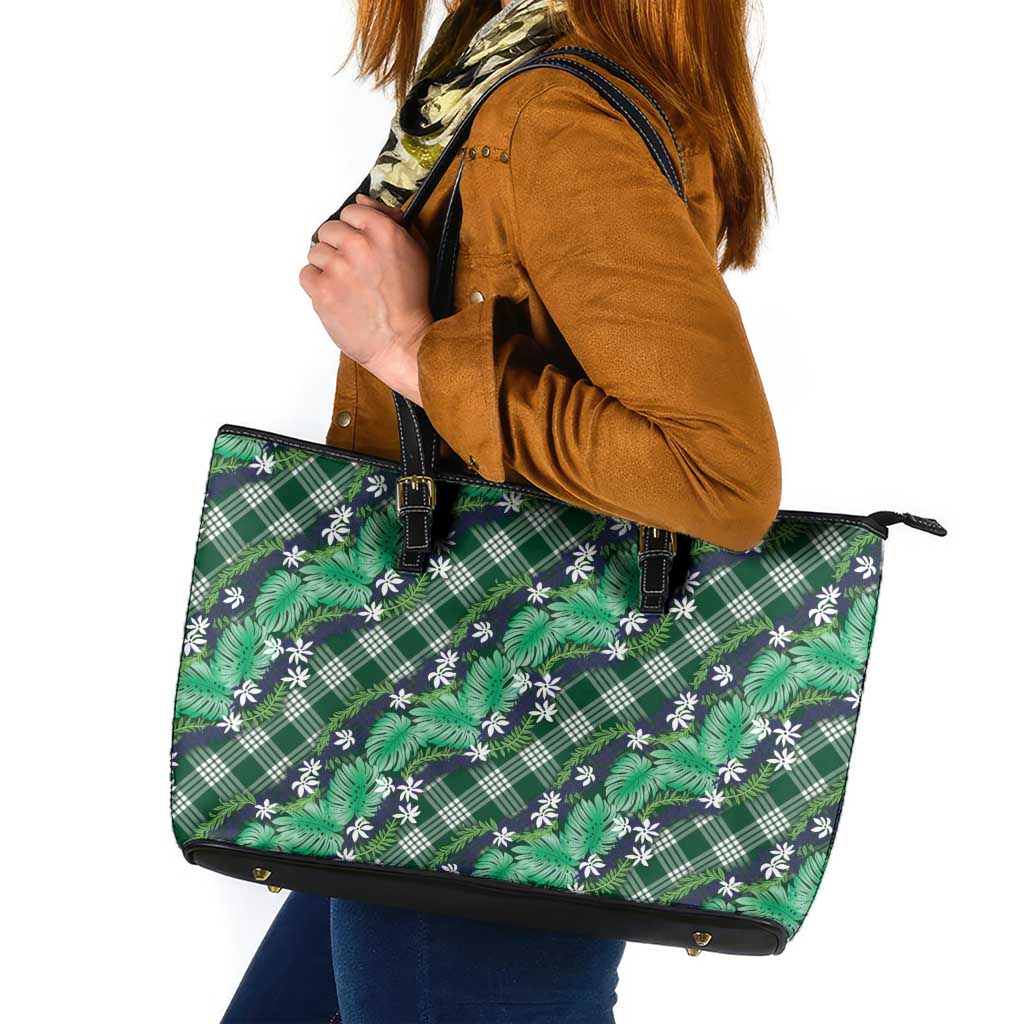 Polynesian Monstera Tiare Floral Leather Tote Bag Forest Green Tropical Plaid - Polynesian Pride