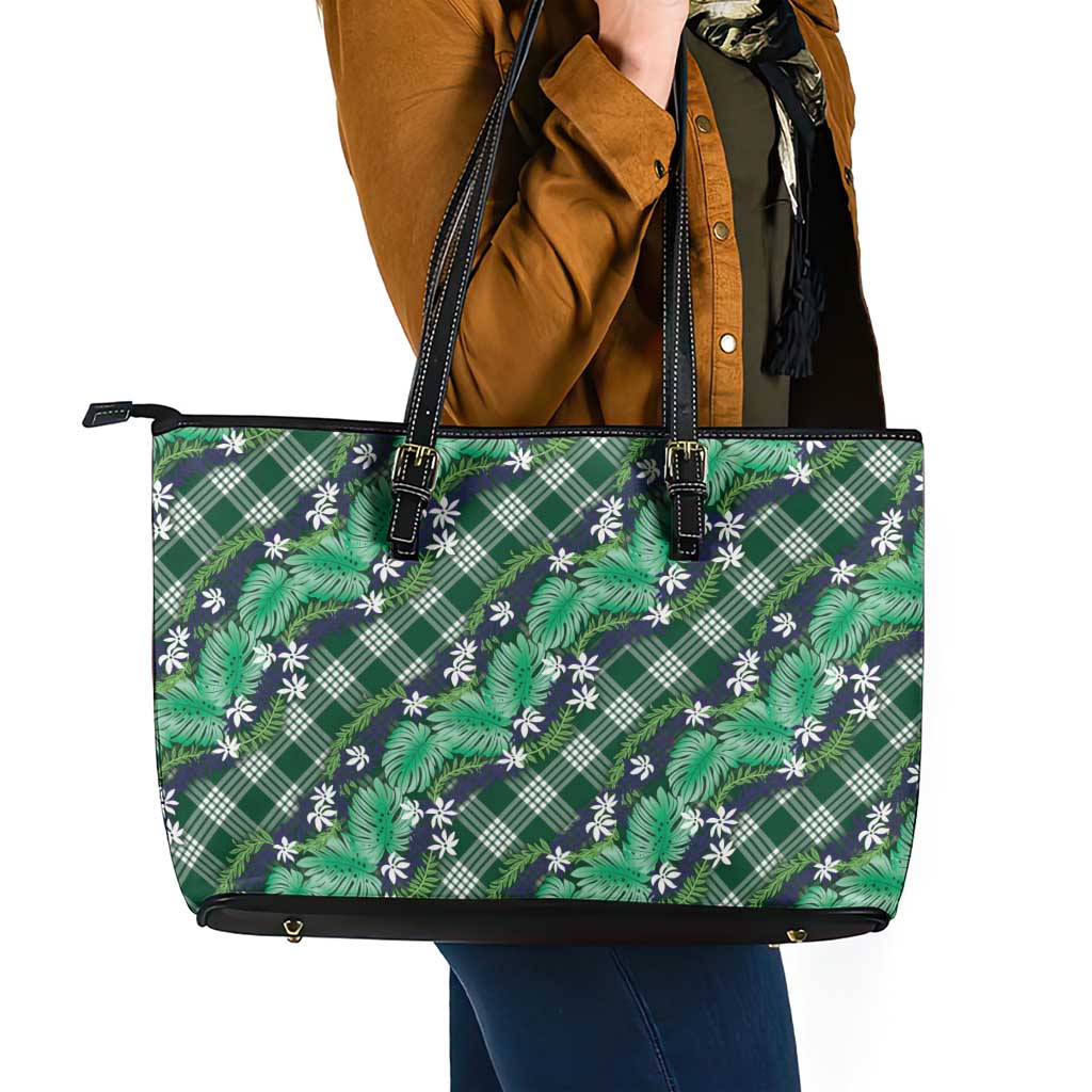 Polynesian Monstera Tiare Floral Leather Tote Bag Forest Green Tropical Plaid - Polynesian Pride
