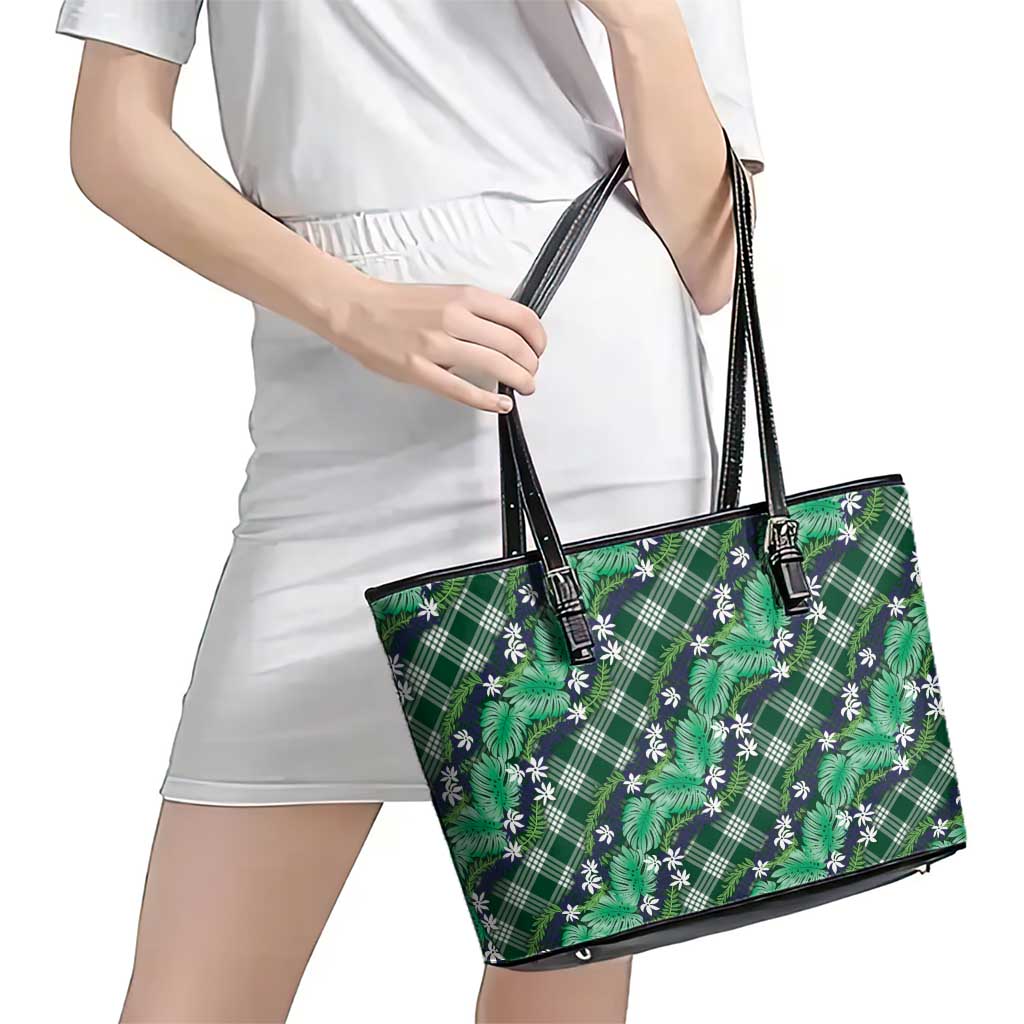 Polynesian Monstera Tiare Floral Leather Tote Bag Forest Green Tropical Plaid - Polynesian Pride
