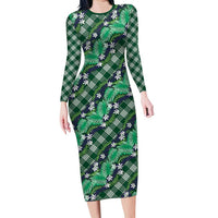 Polynesian Monstera Tiare Floral Long Sleeve Bodycon Dress Forest Green Tropical Plaid - Polynesian Pride