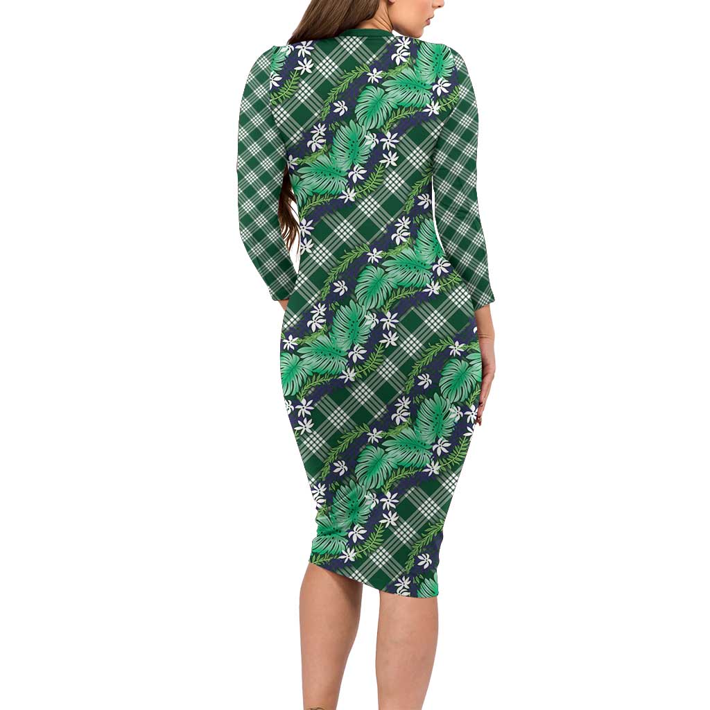 Polynesian Monstera Tiare Floral Long Sleeve Bodycon Dress Forest Green Tropical Plaid - Polynesian Pride