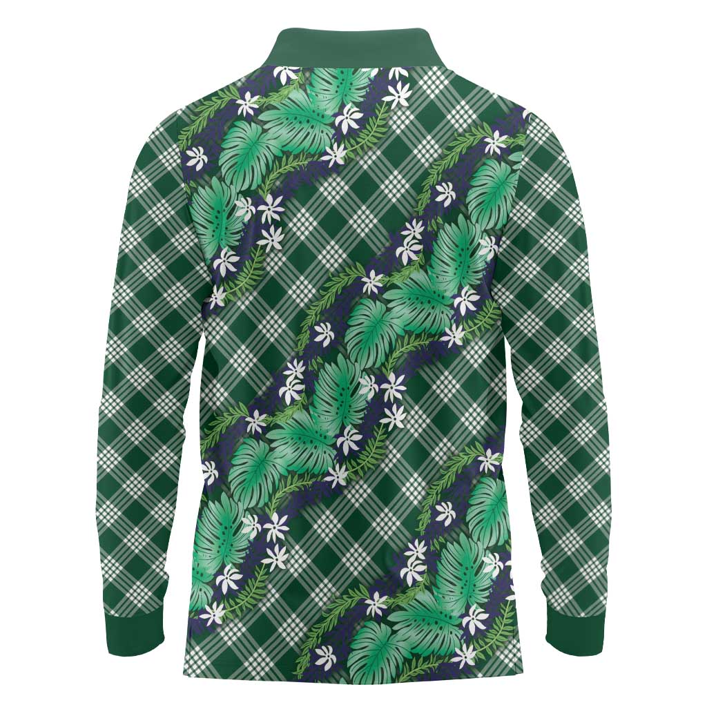 Polynesian Monstera Tiare Floral Long Sleeve Polo Shirt Forest Green Tropical Plaid LT01 - Polynesian Pride