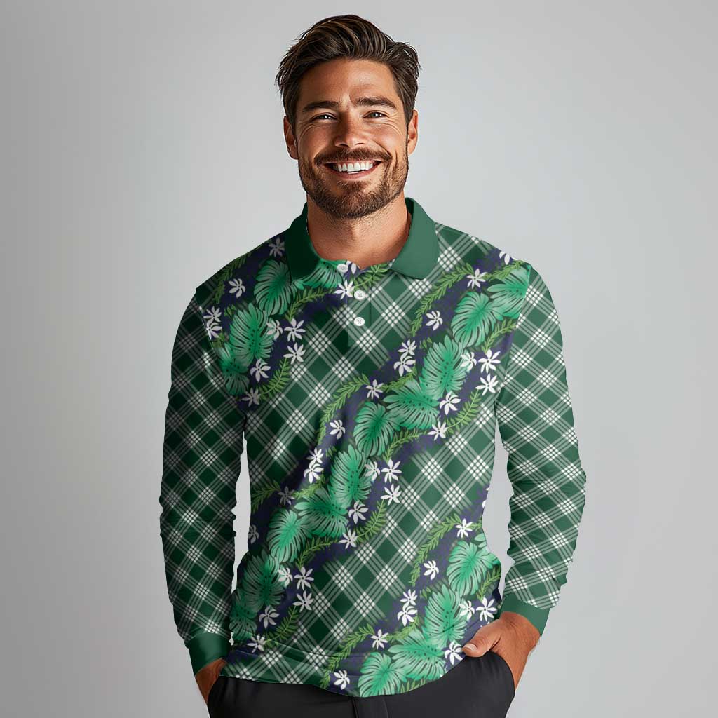 Polynesian Monstera Tiare Floral Long Sleeve Polo Shirt Forest Green Tropical Plaid LT01 - Polynesian Pride