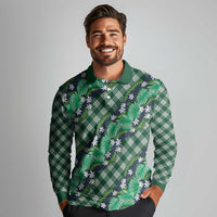 Polynesian Monstera Tiare Floral Long Sleeve Polo Shirt Forest Green Tropical Plaid LT01 - Polynesian Pride