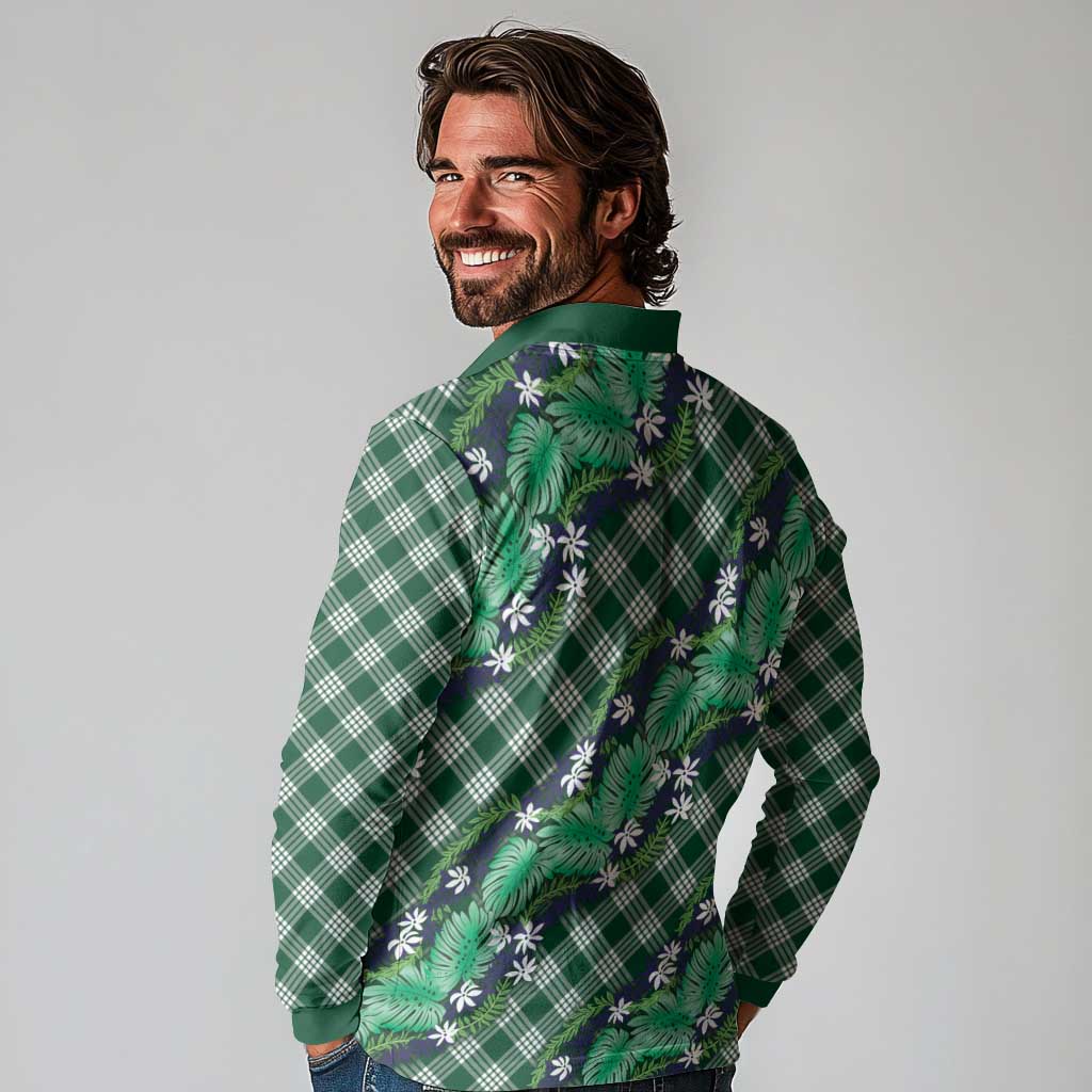 Polynesian Monstera Tiare Floral Long Sleeve Polo Shirt Forest Green Tropical Plaid LT01 - Polynesian Pride
