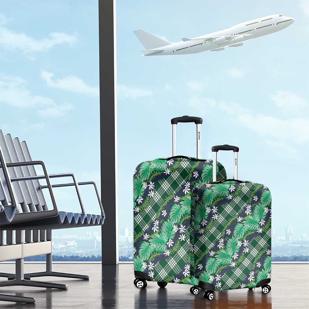 Polynesian Monstera Tiare Floral Luggage Cover Forest Green Tropical Plaid - Polynesian Pride
