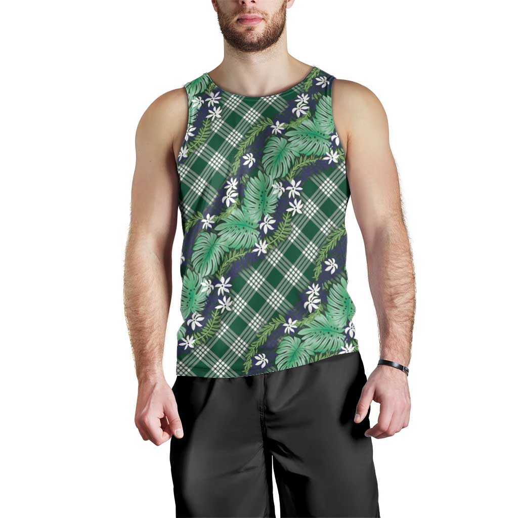 Polynesian Monstera Tiare Floral Men Tank Top Forest Green Tropical Plaid LT01 - Polynesian Pride