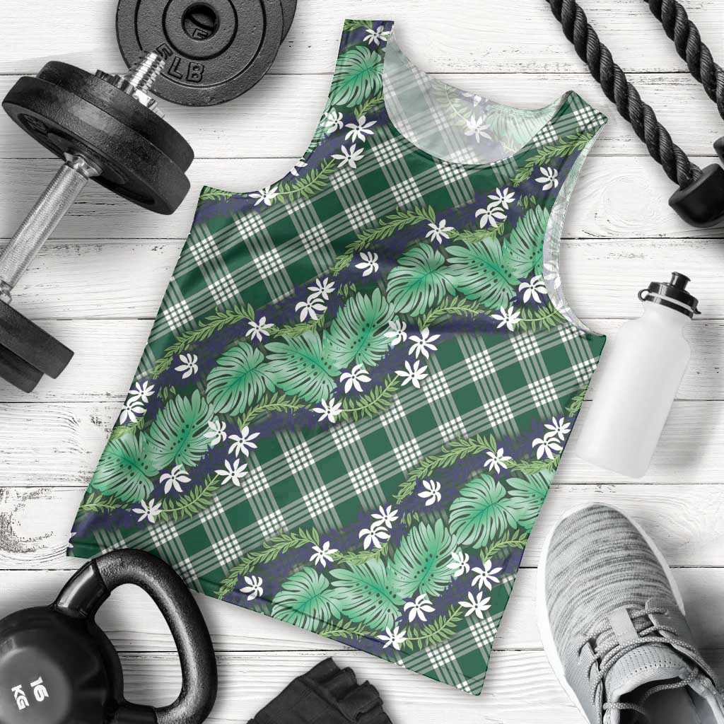 Polynesian Monstera Tiare Floral Men Tank Top Forest Green Tropical Plaid LT01 - Polynesian Pride
