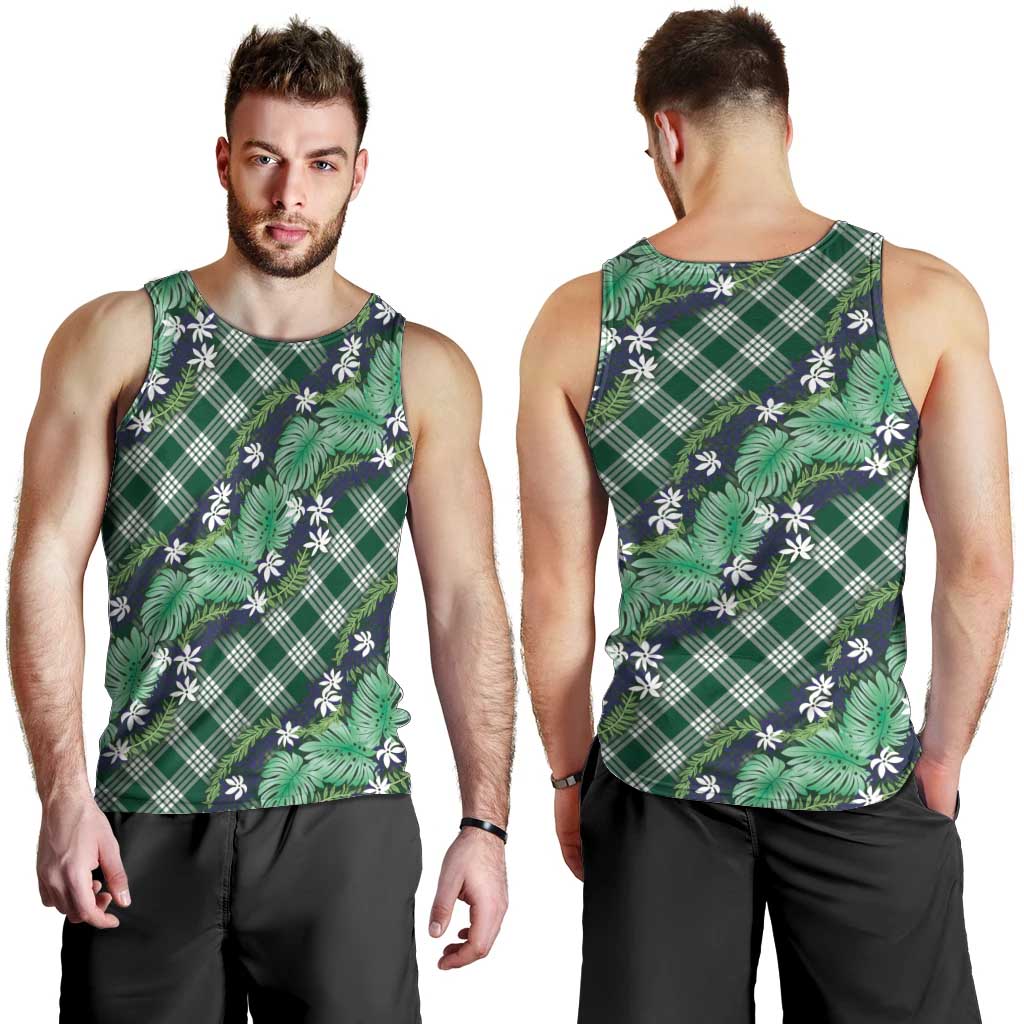 Polynesian Monstera Tiare Floral Men Tank Top Forest Green Tropical Plaid LT01 - Polynesian Pride