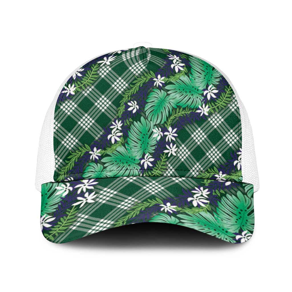 Polynesian Monstera Tiare Floral Mesh Trucker Cap Forest Green Tropical Plaid - Polynesian Pride