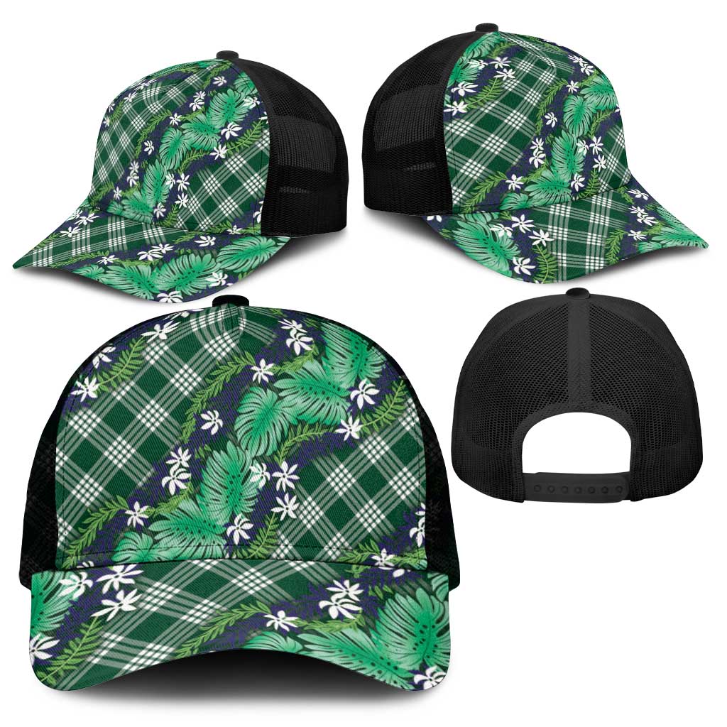 Polynesian Monstera Tiare Floral Mesh Trucker Cap Forest Green Tropical Plaid - Polynesian Pride