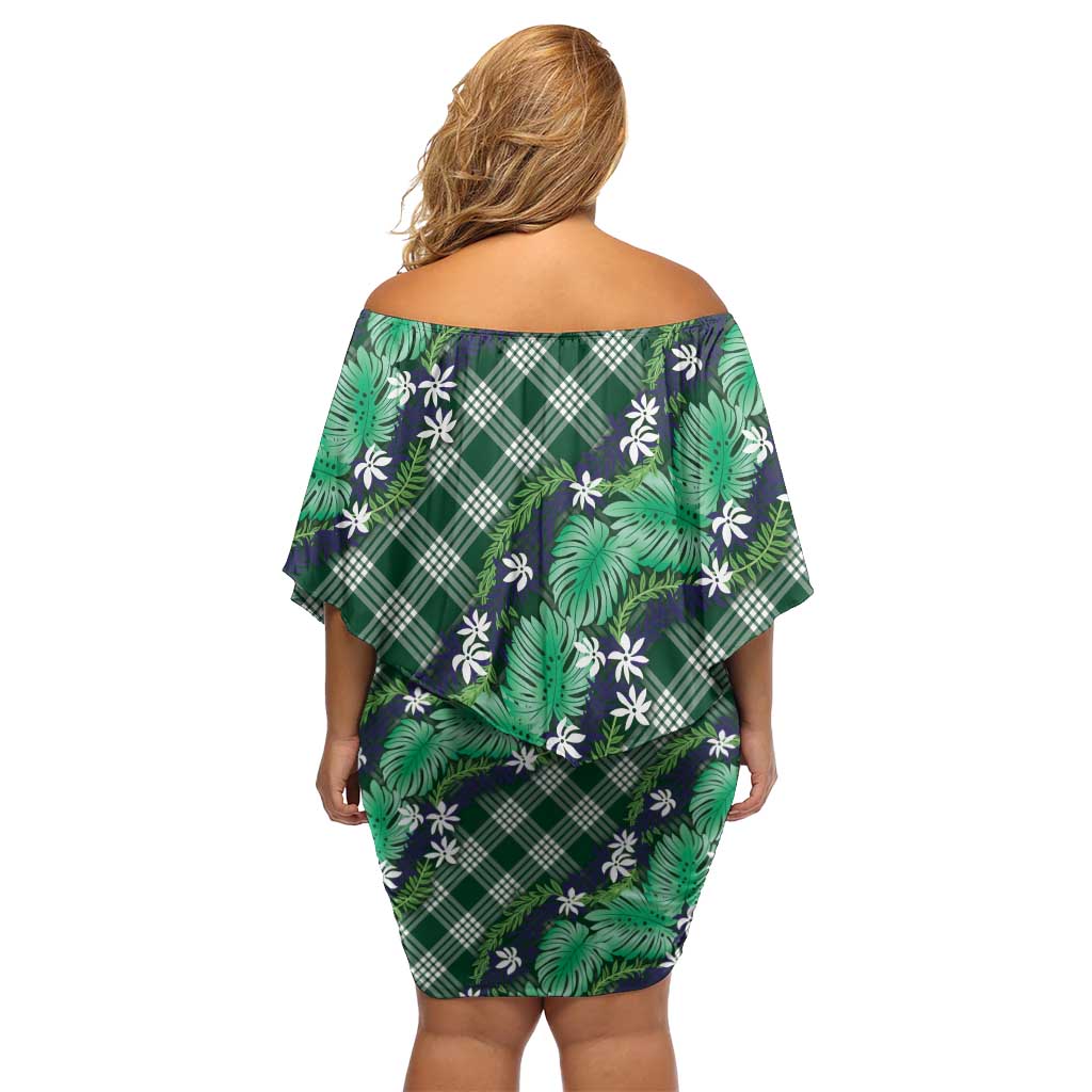 Polynesian Monstera Tiare Floral Off Shoulder Short Dress Forest Green Tropical Plaid - Polynesian Pride