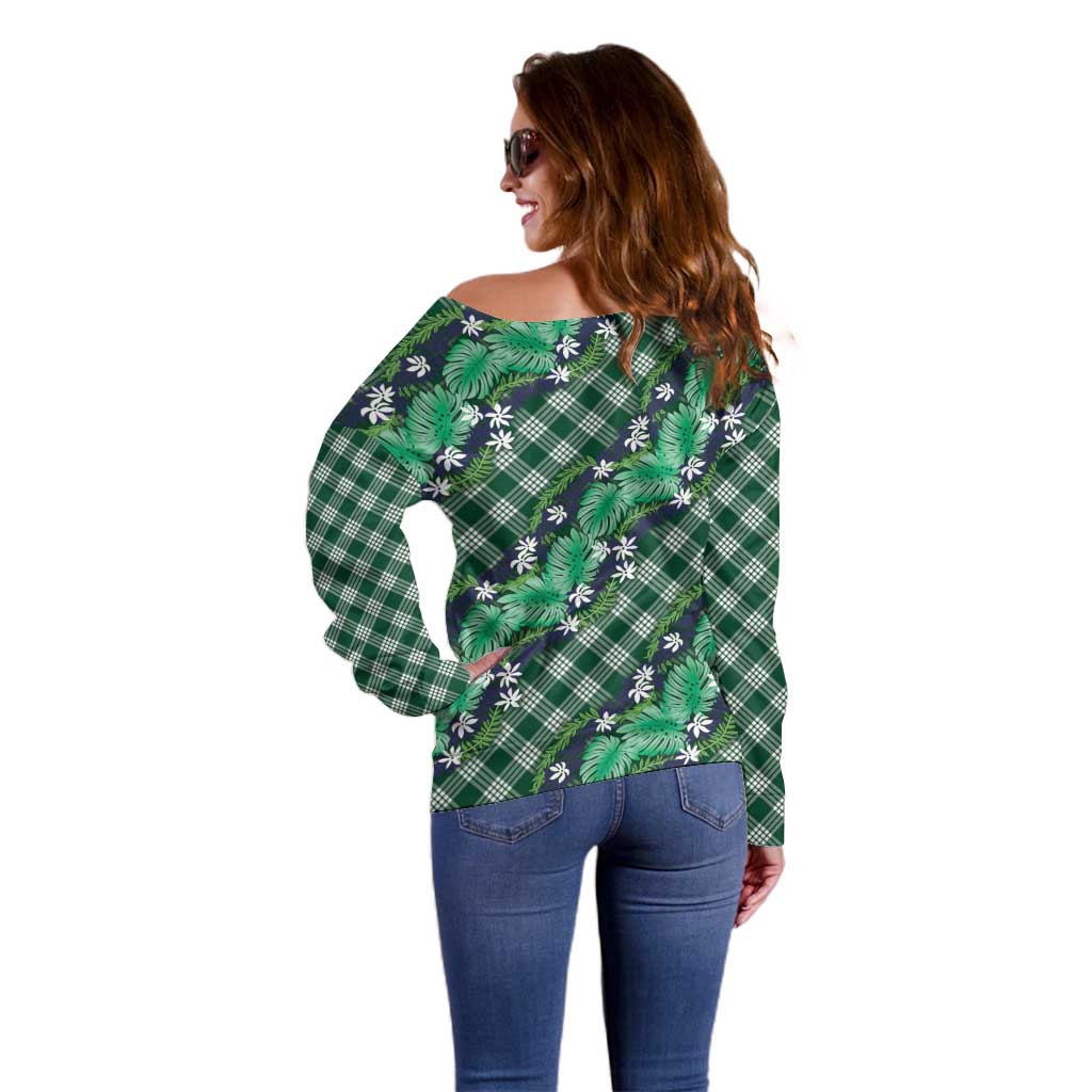 Polynesian Monstera Tiare Floral Off Shoulder Sweater Forest Green Tropical Plaid - Polynesian Pride