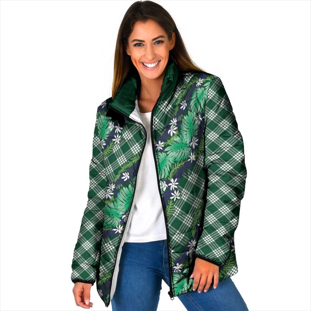 Polynesian Monstera Tiare Floral Padded Jacket Forest Green Tropical Plaid LT01 Women Green - Polynesian Pride