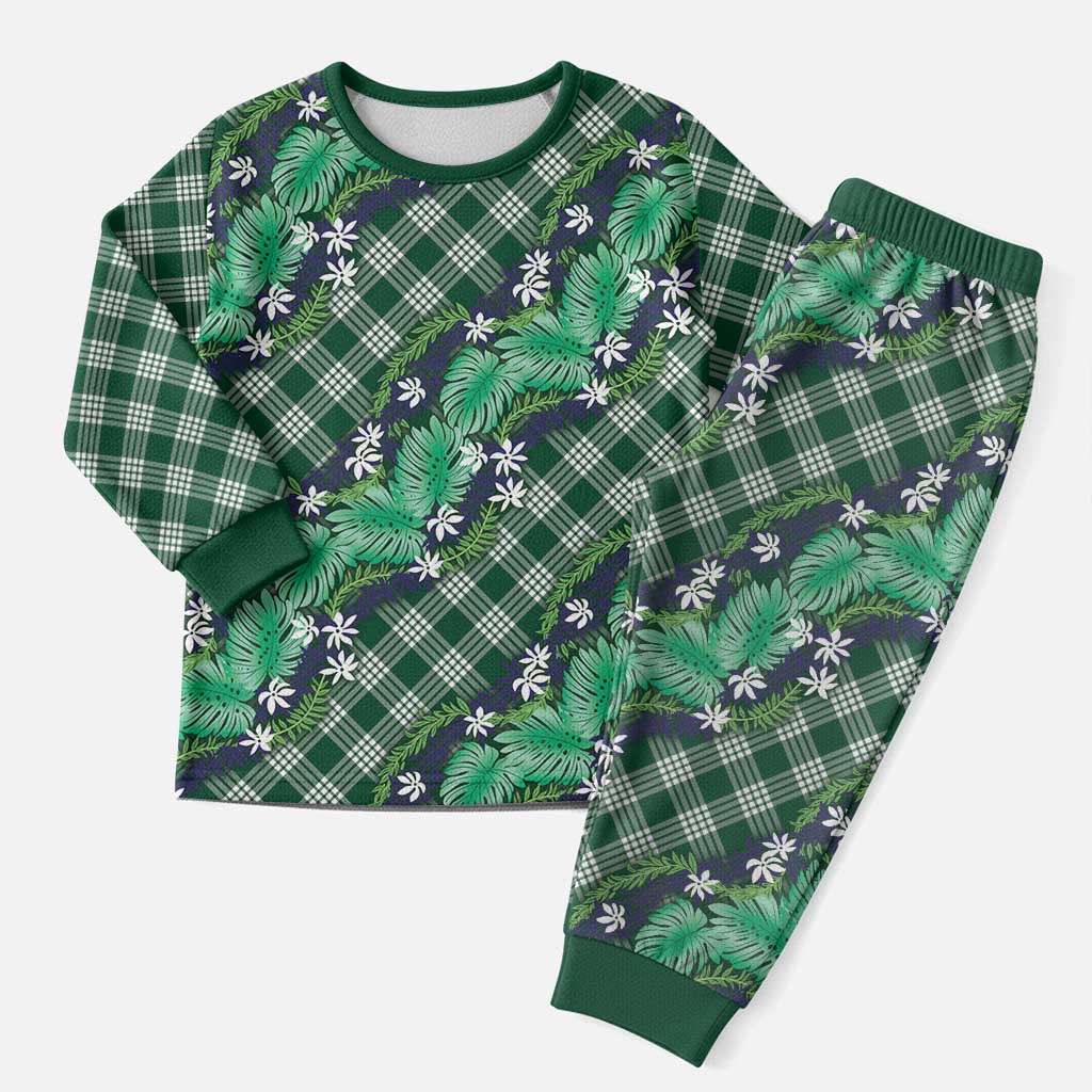 Polynesian Monstera Tiare Floral Christmas Pajama Set Forest Green Tropical Plaid LT01 Men Green - Polynesian Pride