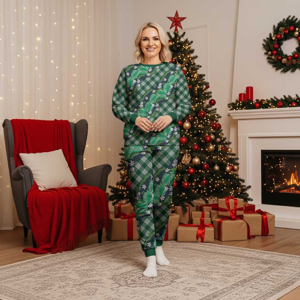 Polynesian Monstera Tiare Floral Christmas Pajama Set Forest Green Tropical Plaid - Polynesian Pride