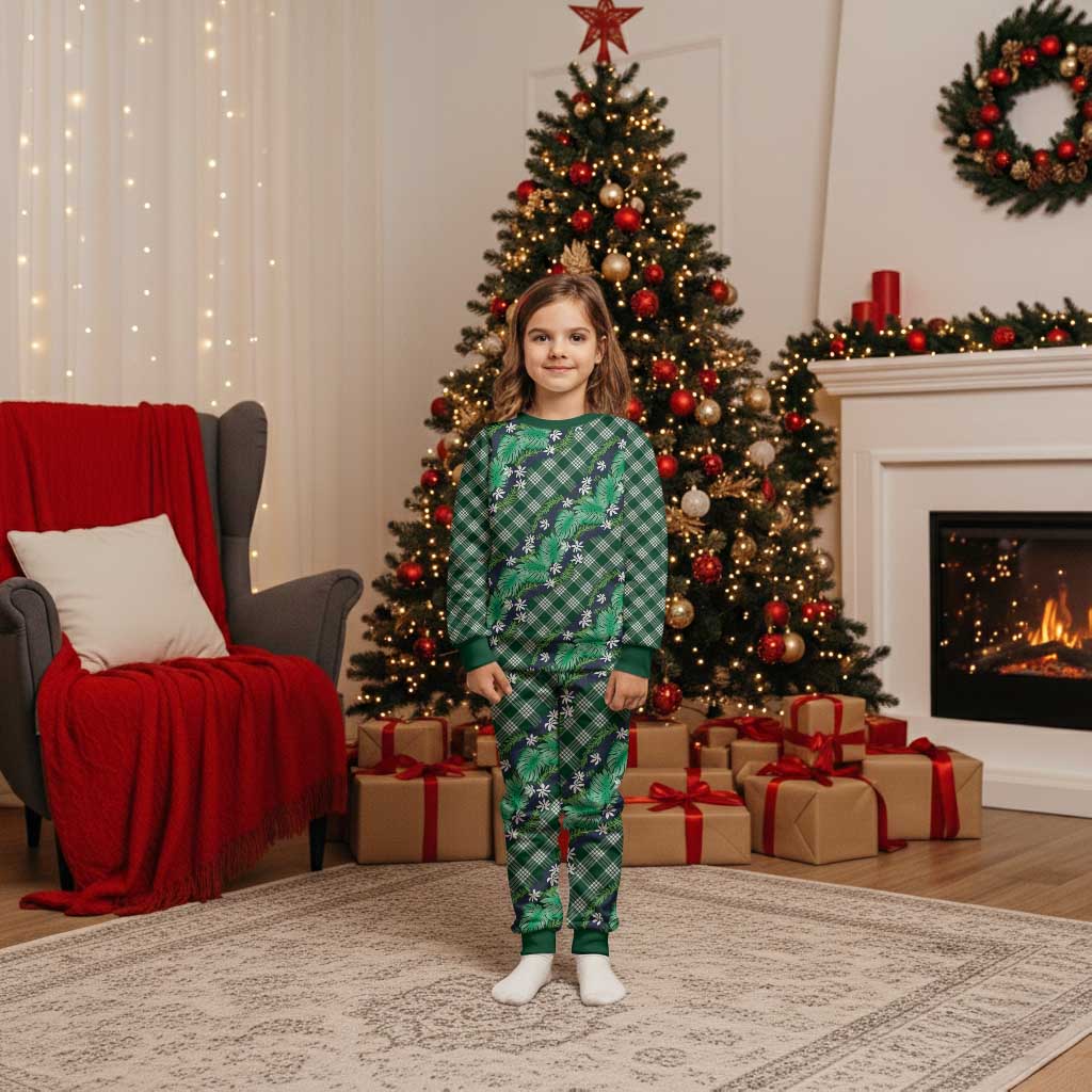 Polynesian Monstera Tiare Floral Christmas Pajama Set Forest Green Tropical Plaid - Polynesian Pride