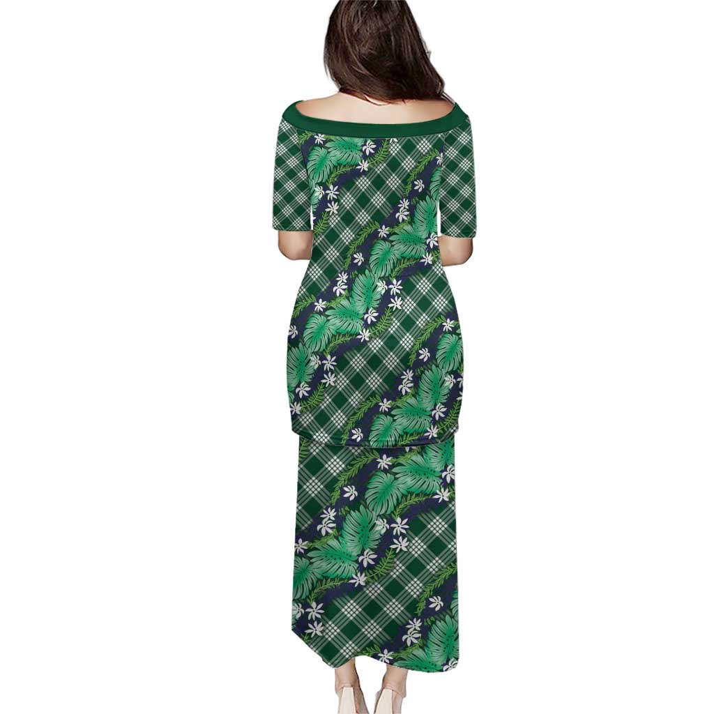Polynesian Monstera Tiare Floral Puletasi Forest Green Tropical Plaid LT01 - Polynesian Pride