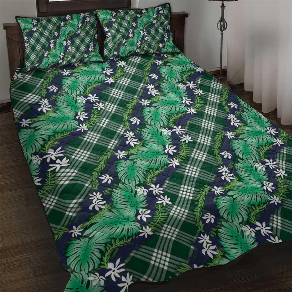 Polynesian Monstera Tiare Floral Quilt Bed Set Forest Green Tropical Plaid - Polynesian Pride