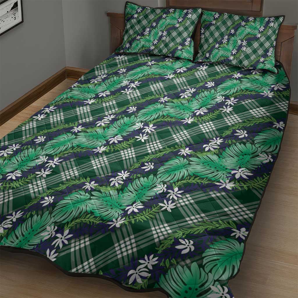 Polynesian Monstera Tiare Floral Quilt Bed Set Forest Green Tropical Plaid - Polynesian Pride