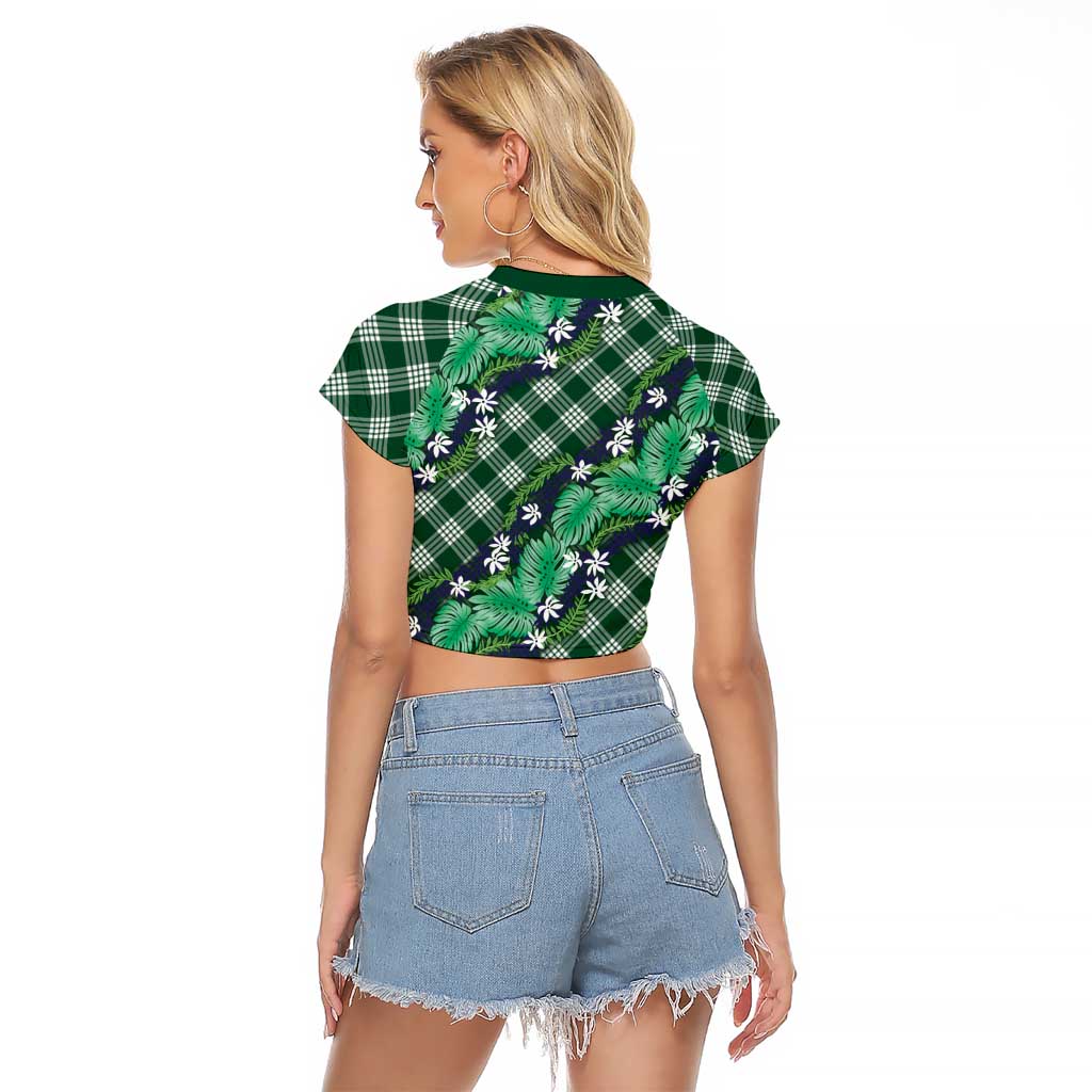 Polynesian Monstera Tiare Floral Raglan Cropped T Shirt Forest Green Tropical Plaid LT01 - Polynesian Pride