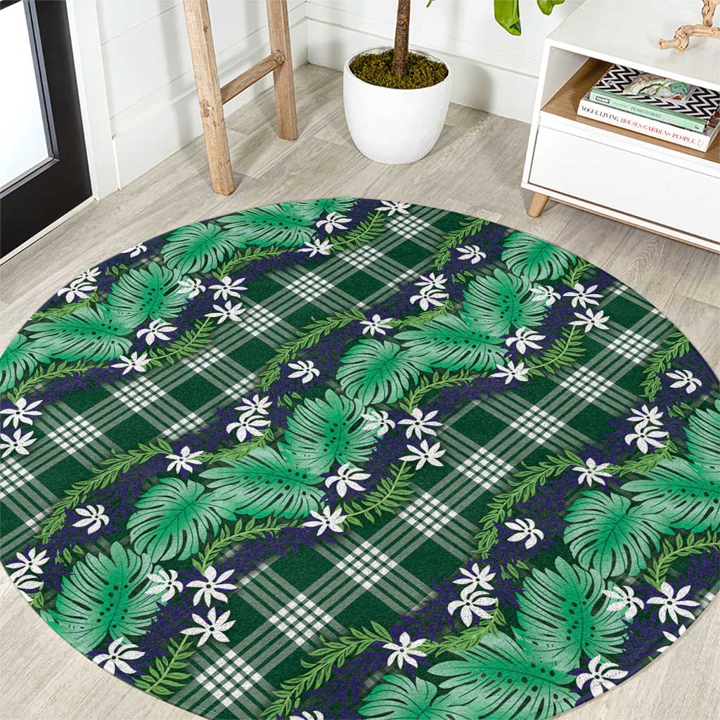 Polynesian Monstera Tiare Floral Round Carpet Forest Green Tropical Plaid - Polynesian Pride
