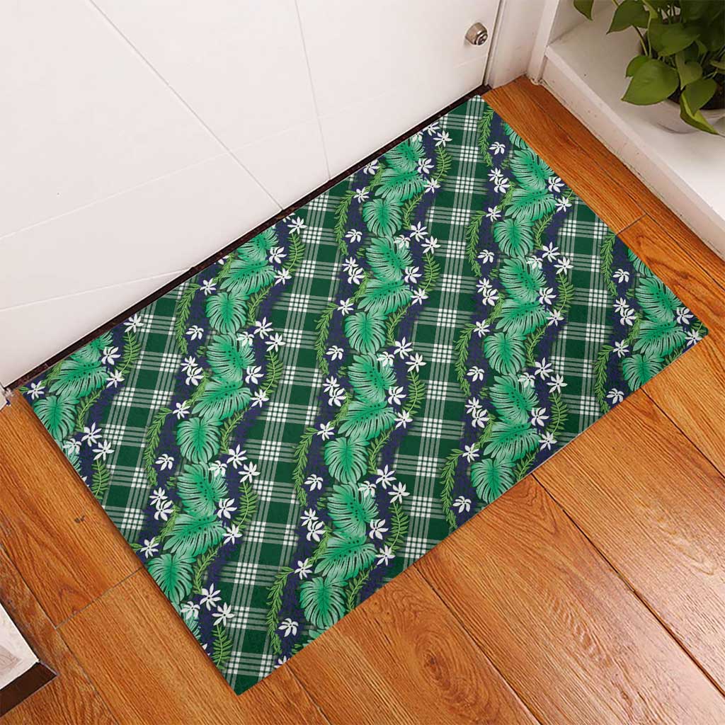 Polynesian Monstera Tiare Floral Rubber Doormat Forest Green Tropical Plaid - Polynesian Pride