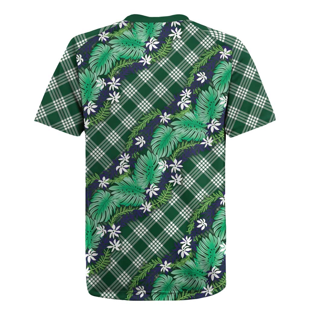 Polynesian Monstera Tiare Floral Rugby Jersey Forest Green Tropical Plaid - Polynesian Pride