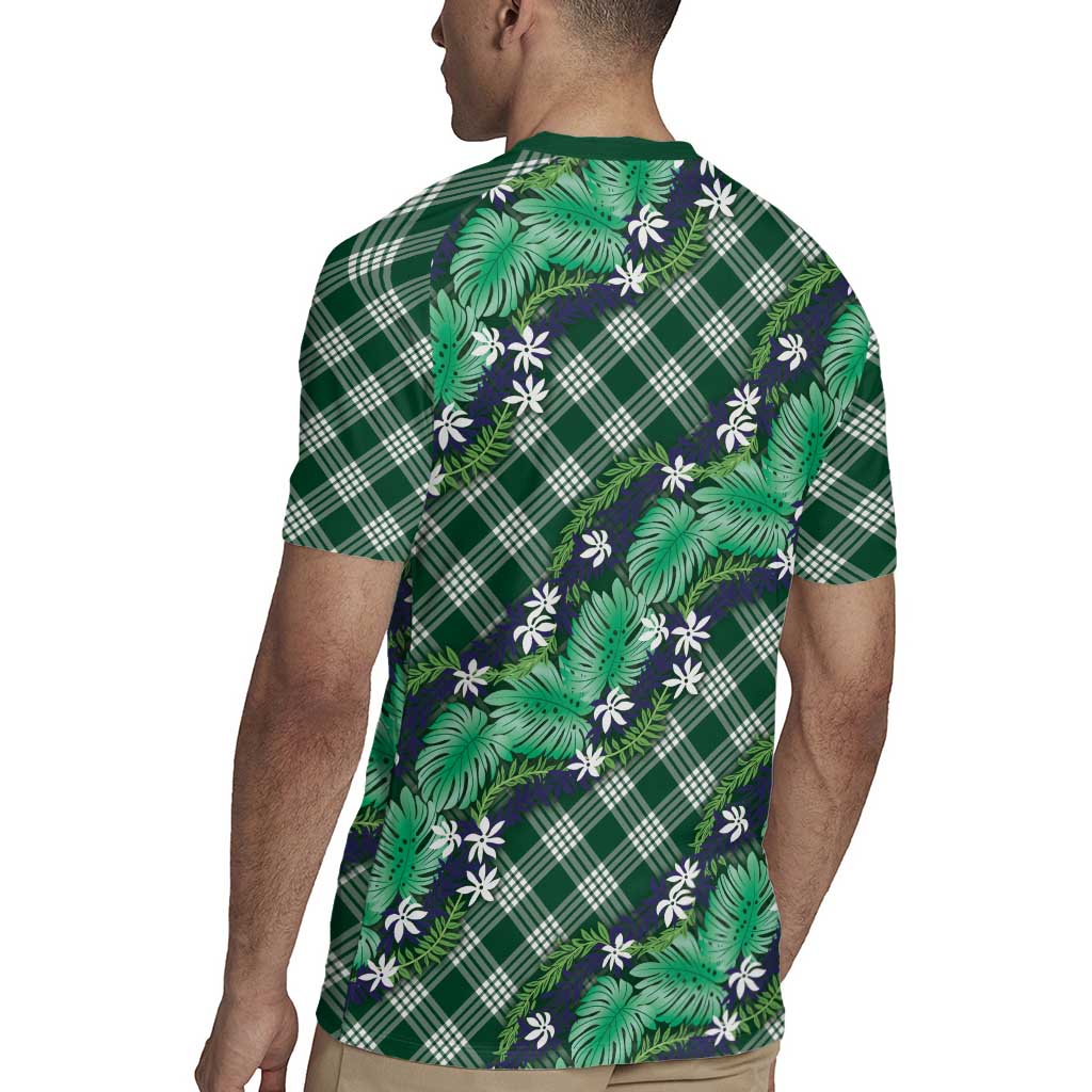 Polynesian Monstera Tiare Floral Rugby Jersey Forest Green Tropical Plaid - Polynesian Pride