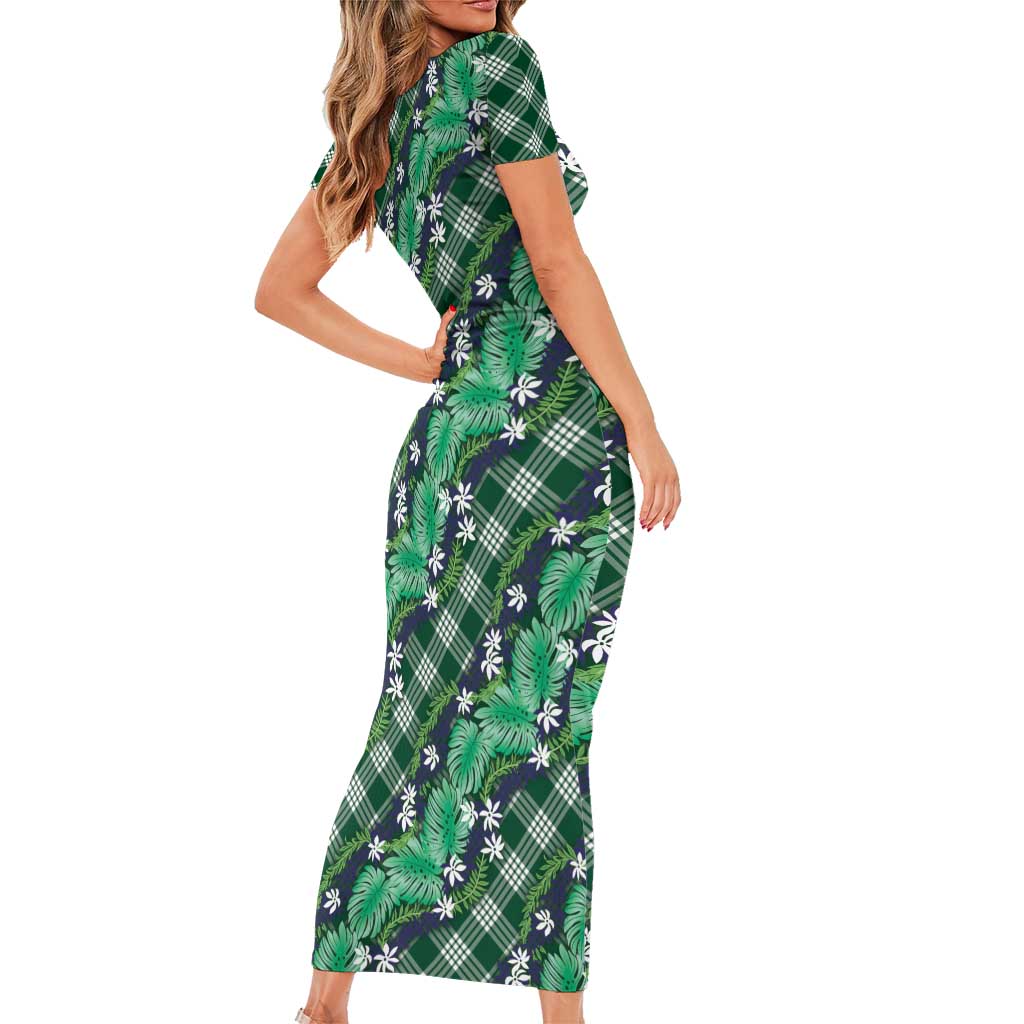 Polynesian Monstera Tiare Floral Short Sleeve Bodycon Dress Forest Green Tropical Plaid LT01 - Polynesian Pride