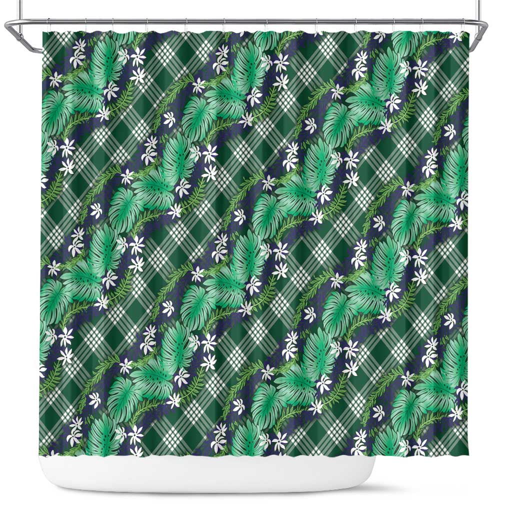 Polynesian Monstera Tiare Floral Shower Curtain Forest Green Tropical Plaid - Polynesian Pride
