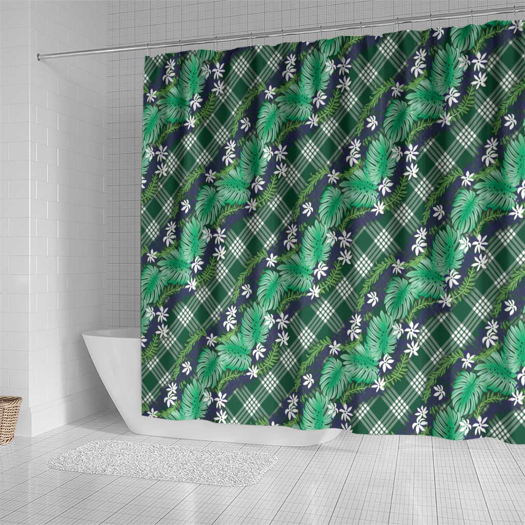Polynesian Monstera Tiare Floral Shower Curtain Forest Green Tropical Plaid - Polynesian Pride