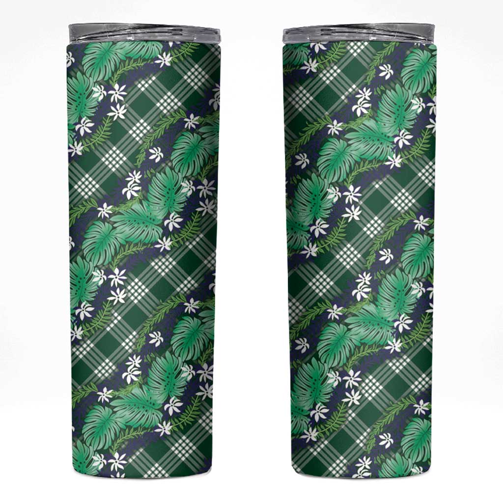 Polynesian Monstera Tiare Floral Skinny Tumbler Forest Green Tropical Plaid LT01 Green - Polynesian Pride