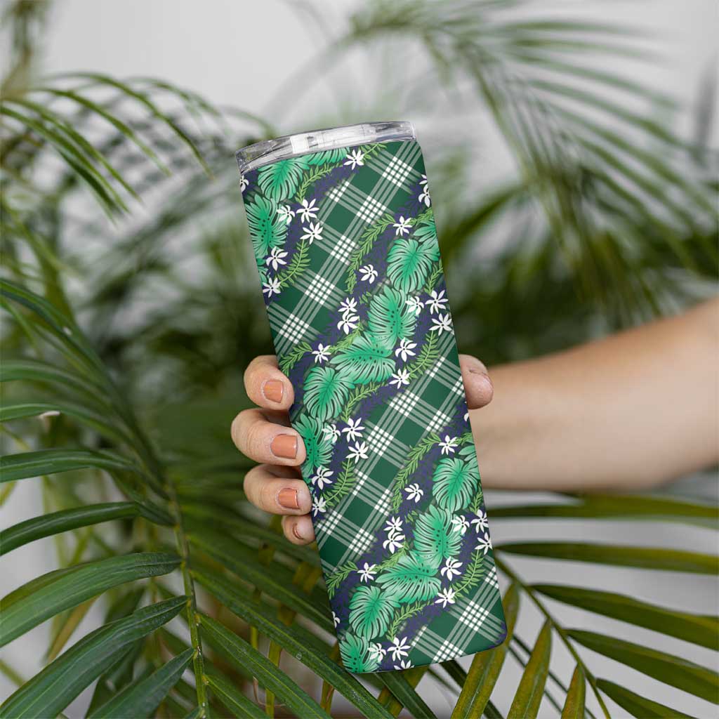 Polynesian Monstera Tiare Floral Skinny Tumbler Forest Green Tropical Plaid LT01 - Polynesian Pride