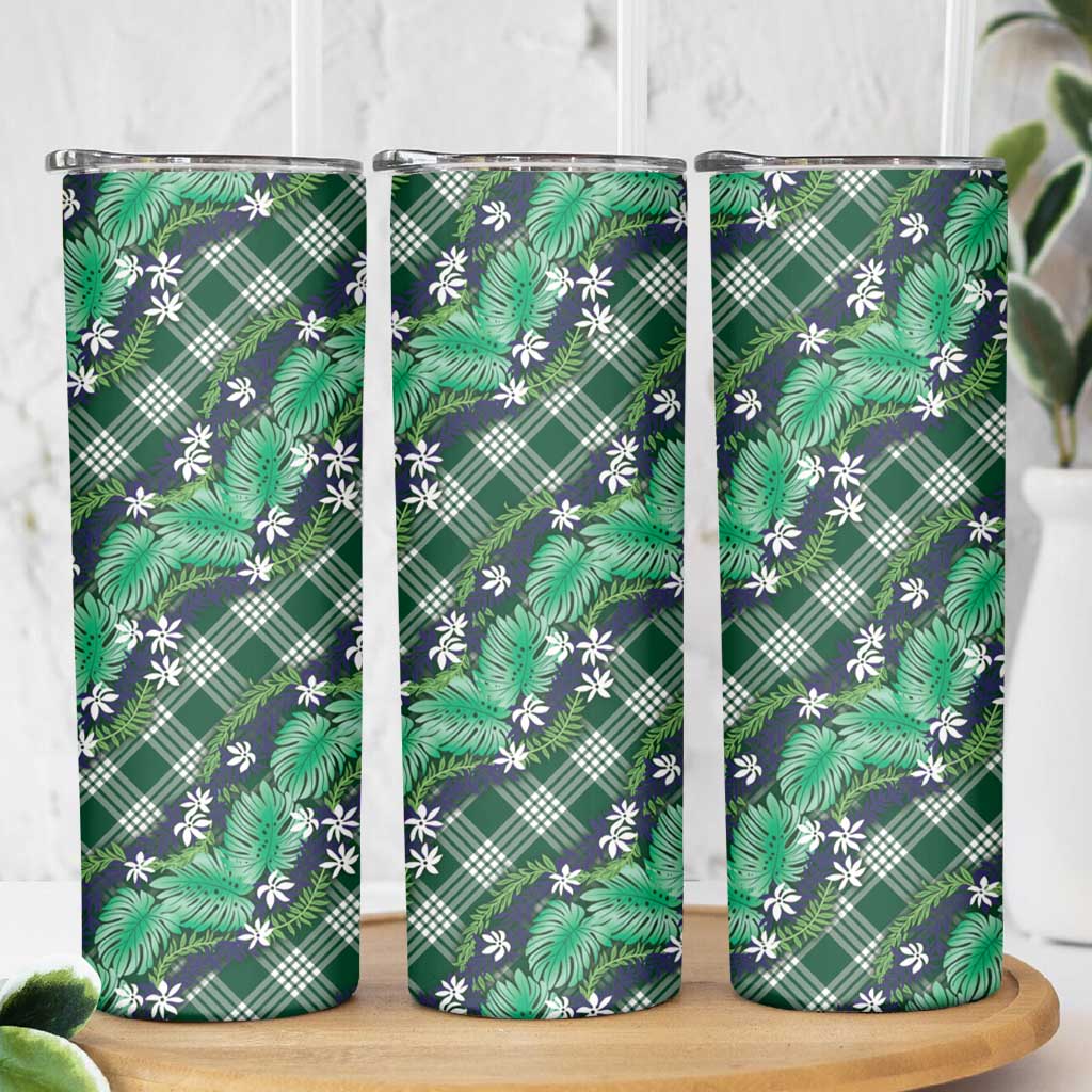 Polynesian Monstera Tiare Floral Skinny Tumbler Forest Green Tropical Plaid LT01 - Polynesian Pride
