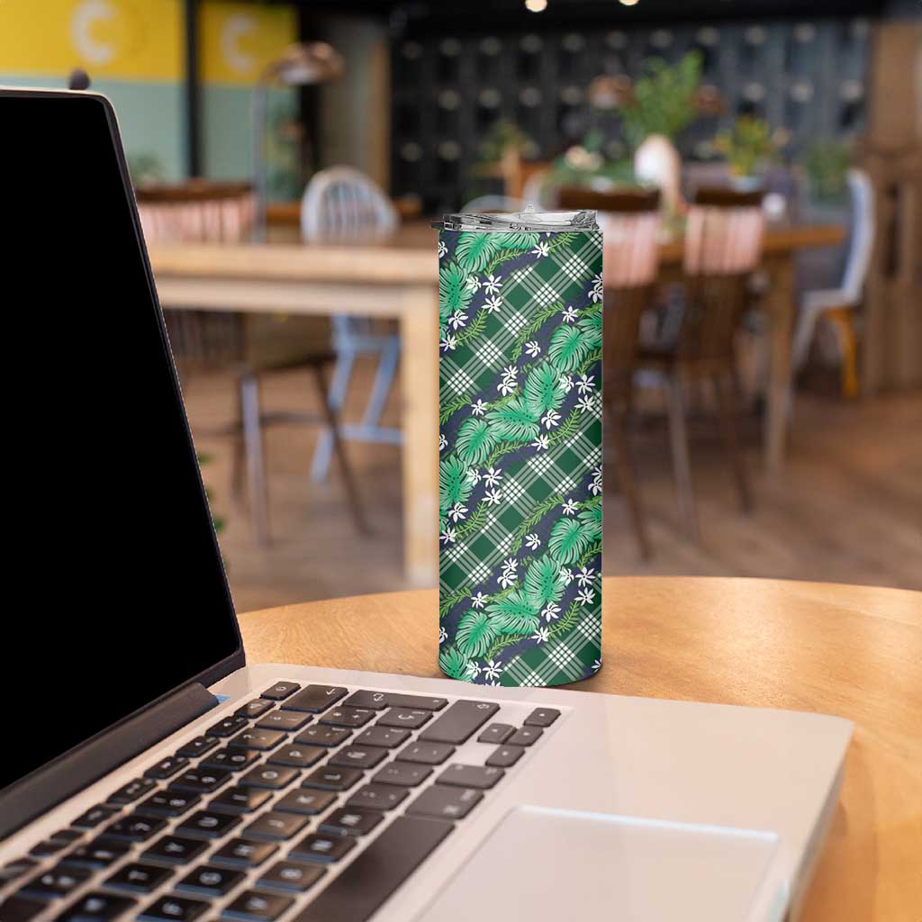 Polynesian Monstera Tiare Floral Skinny Tumbler Forest Green Tropical Plaid LT01 - Polynesian Pride