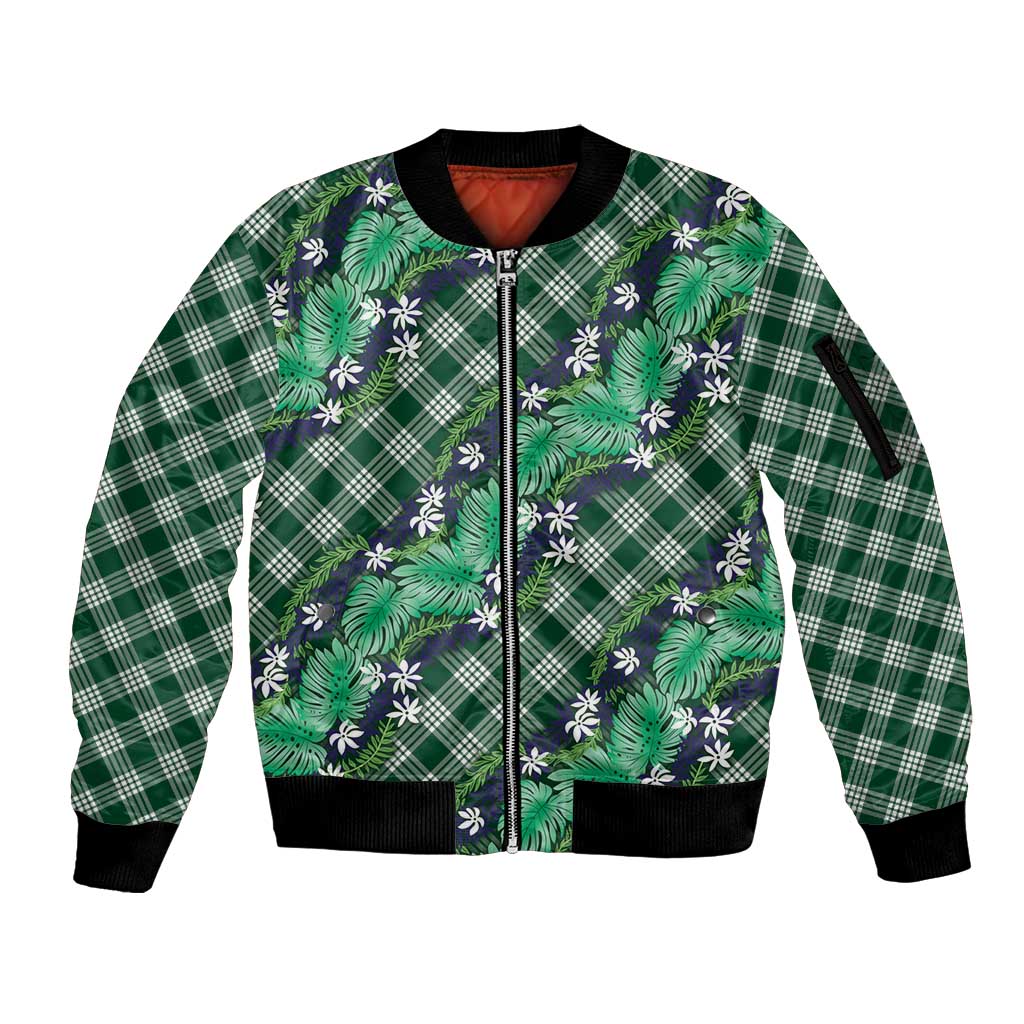 Polynesian Monstera Tiare Floral Sleeve Zip Bomber Jacket Forest Green Tropical Plaid - Polynesian Pride